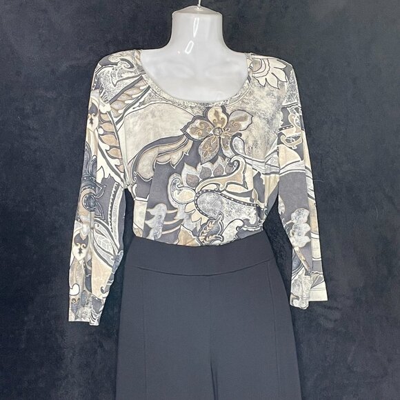 Top Story Stretch Tee Scoop Neck Muted Grey Taupe Beige Large Floral Print - Picture 3 of 8